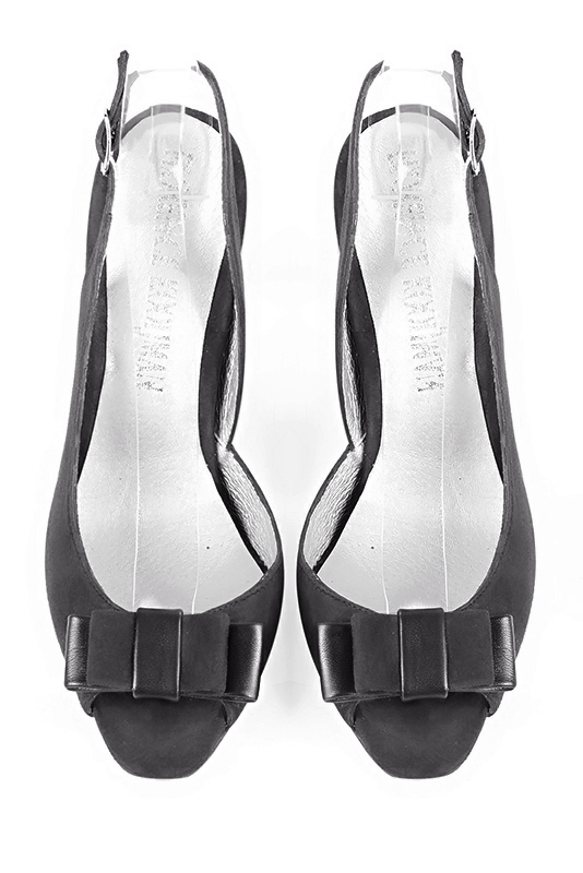 Dark grey women's slingback sandals. Round toe. High spool heels. Top view - Florence KOOIJMAN